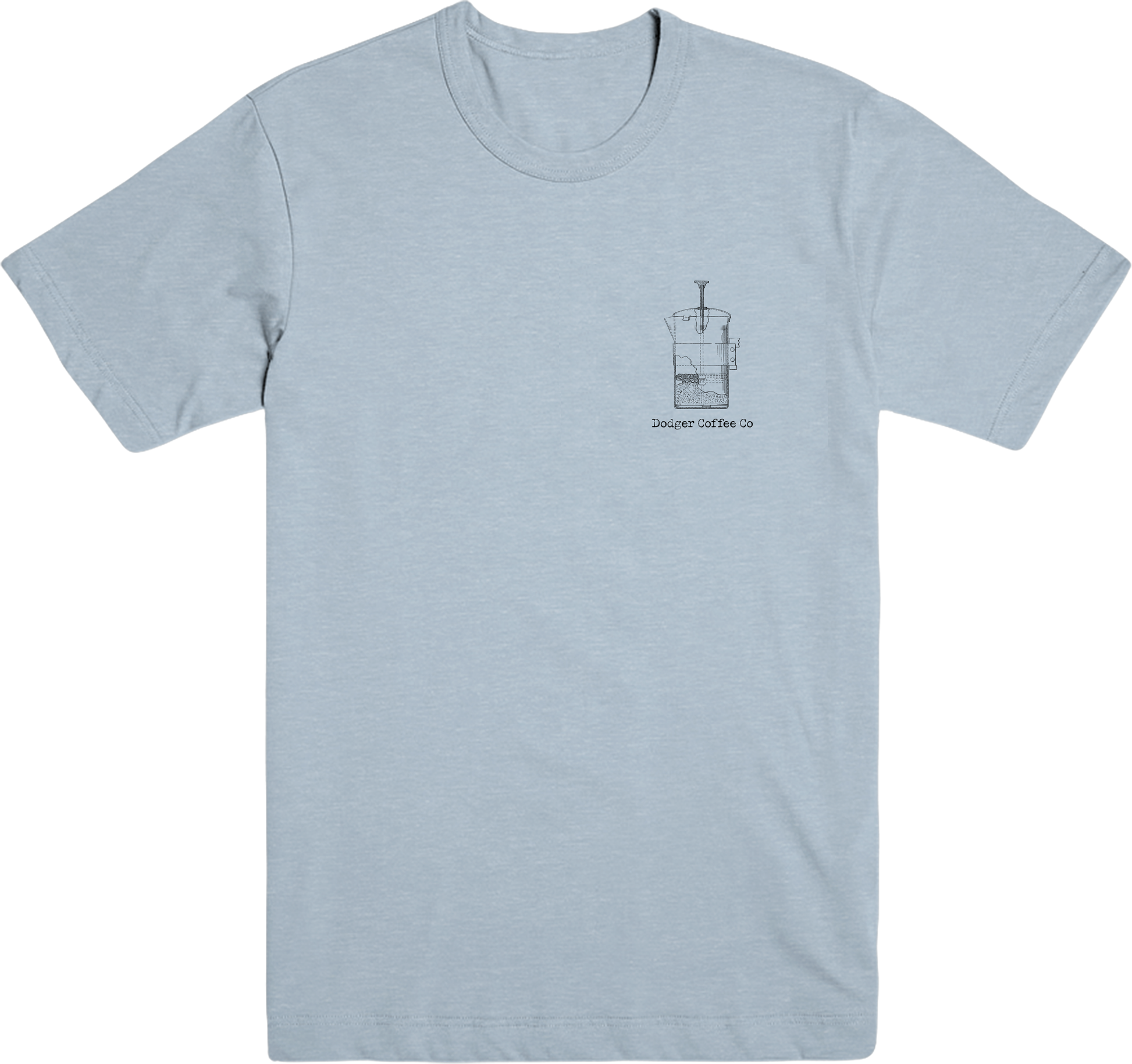 Blue Grey drawn dodger coffee co french press logo short sleeve t-shirt