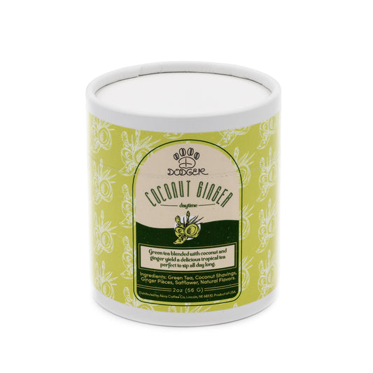 Green package coconut ginger daytime tea from Dodger. Green tea blended with coconut and ginger yeild a delicious tropical tea perfect to sip all day long