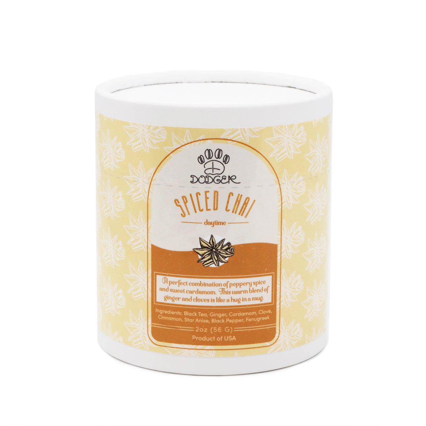 Spiced Chai daytime tea dodger packaging. A perfect combination of peppery spice and sweet cardamom. This warm blend of ginger and cloves is like a hug in a mug.