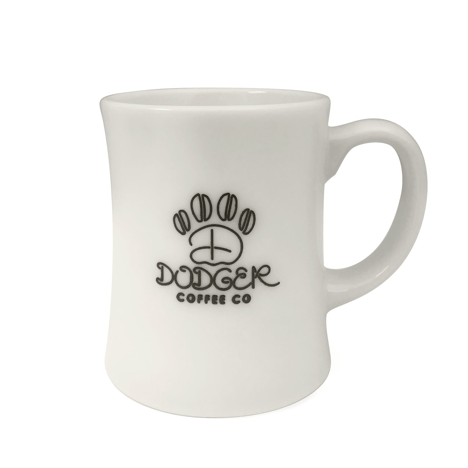 White sleek mug with black dodger coffee co logo