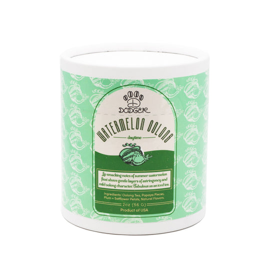 Watermelon oolong daytime tea dodger packaging. Lip Smacking notes of summer watermelon float above gentle layers of astringency and mild oolong character. Fabulous as an iced tea.