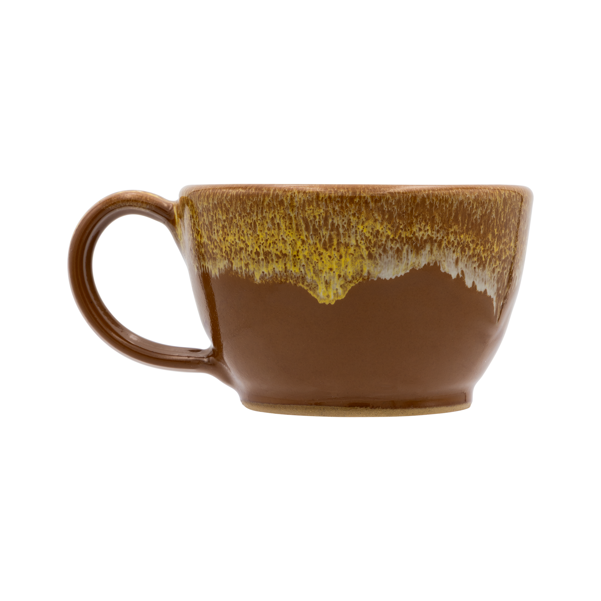 Brown ceramic mug with a textured surface on a white background
