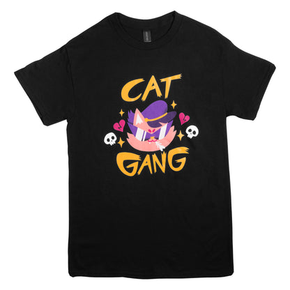Black t-shirt with 'Cat Gang' graphic design on a white background