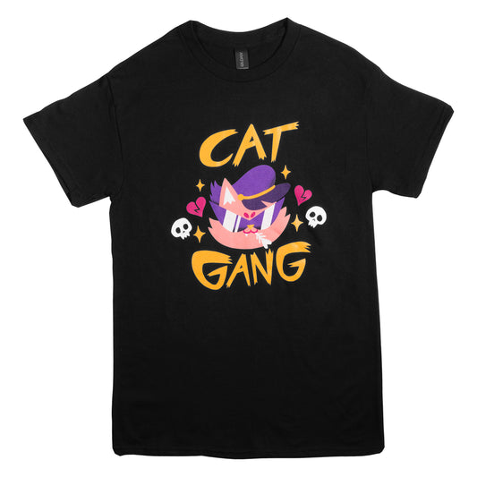 Black t-shirt with 'Cat Gang' graphic design on a white background
