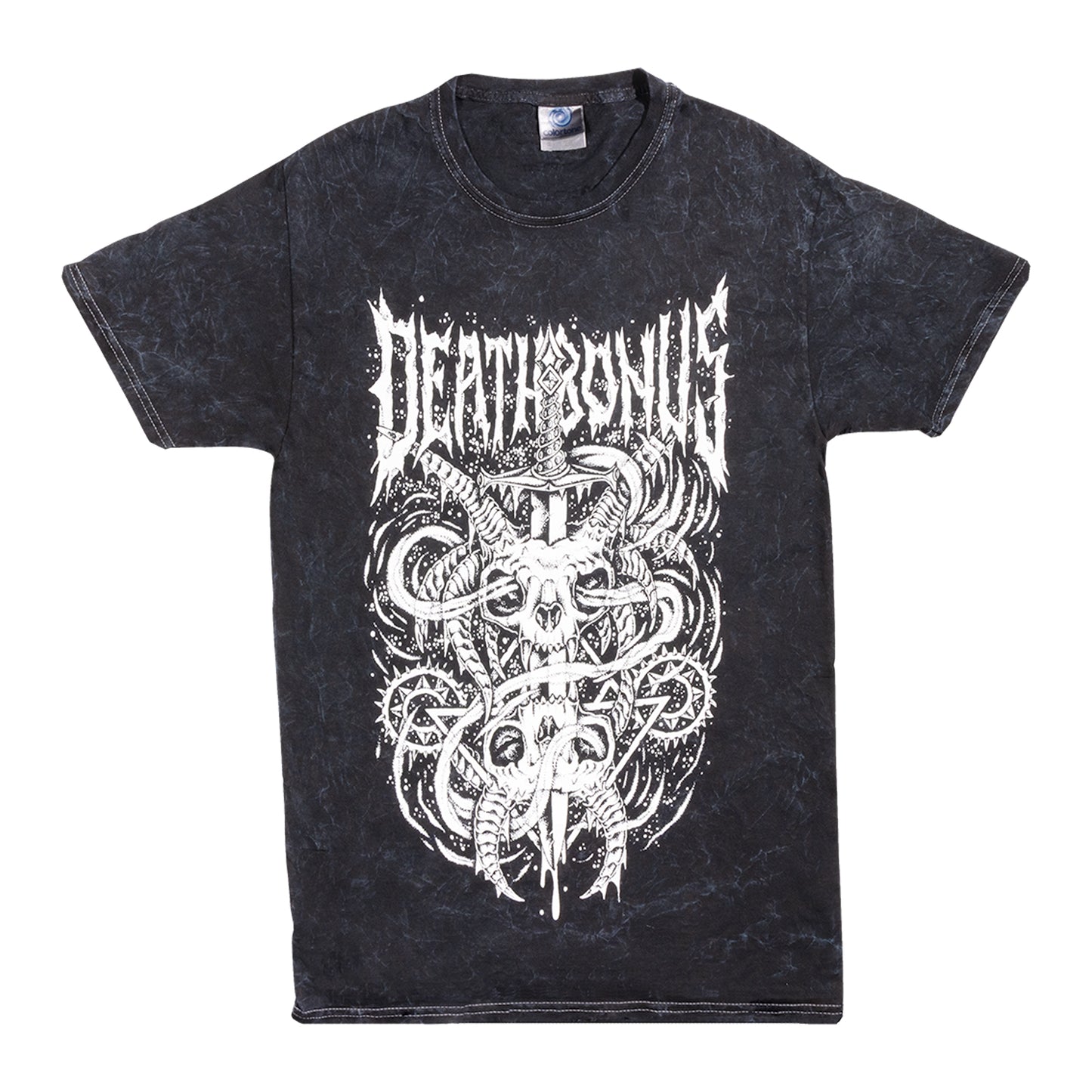 Black t-shirt with white graphic design and text on a white background