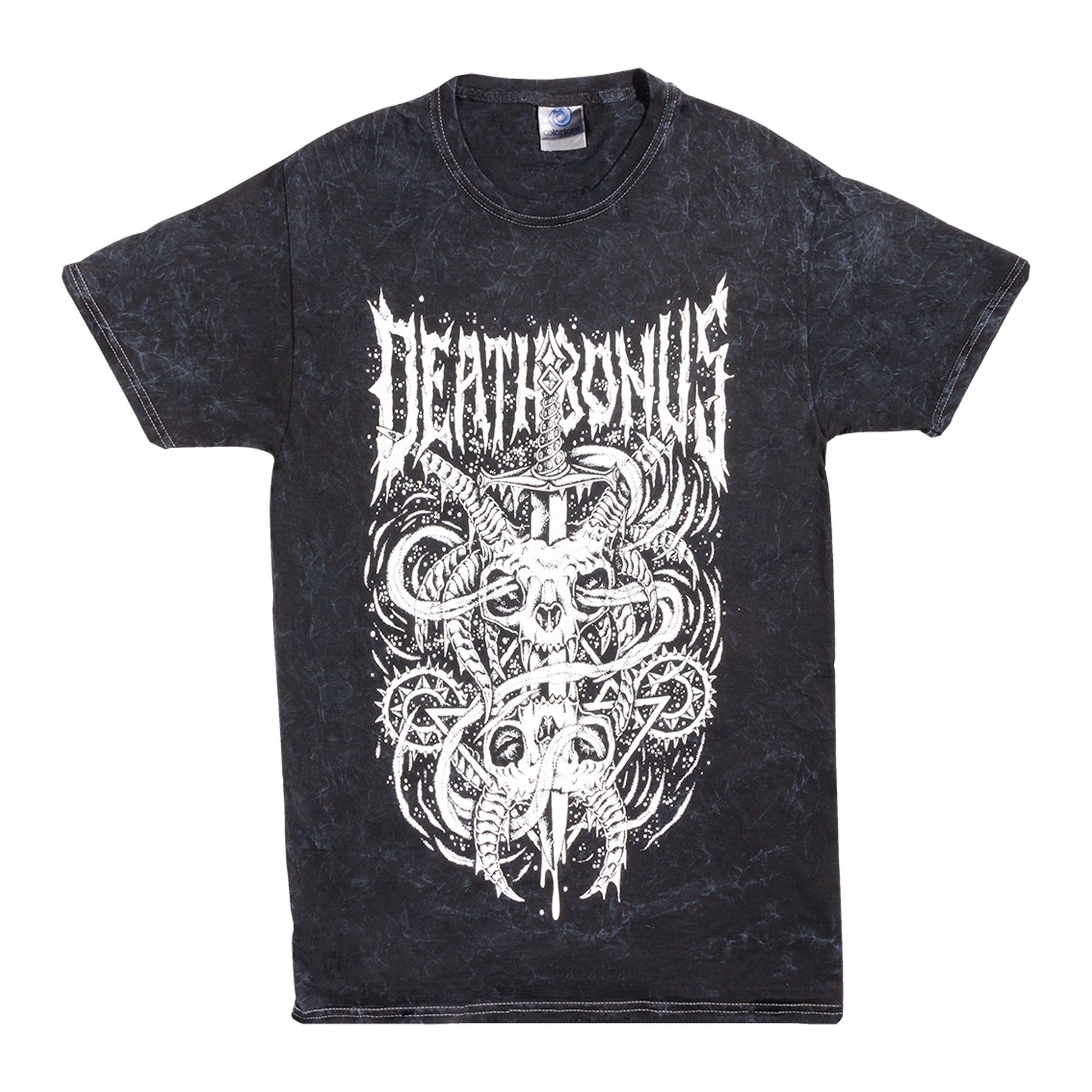 Black t-shirt with white graphic design and text on a white background