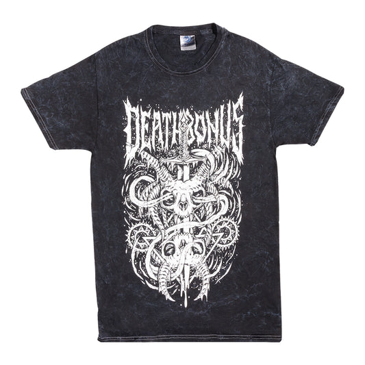 Black t-shirt with white graphic design and text on a white background