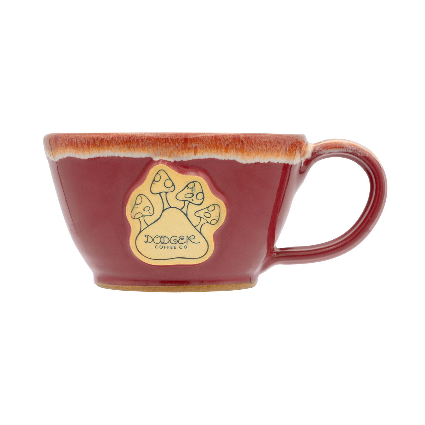 Red mug with a gold paw print logo and 'Dodgee Coffee Co.' text on a white background