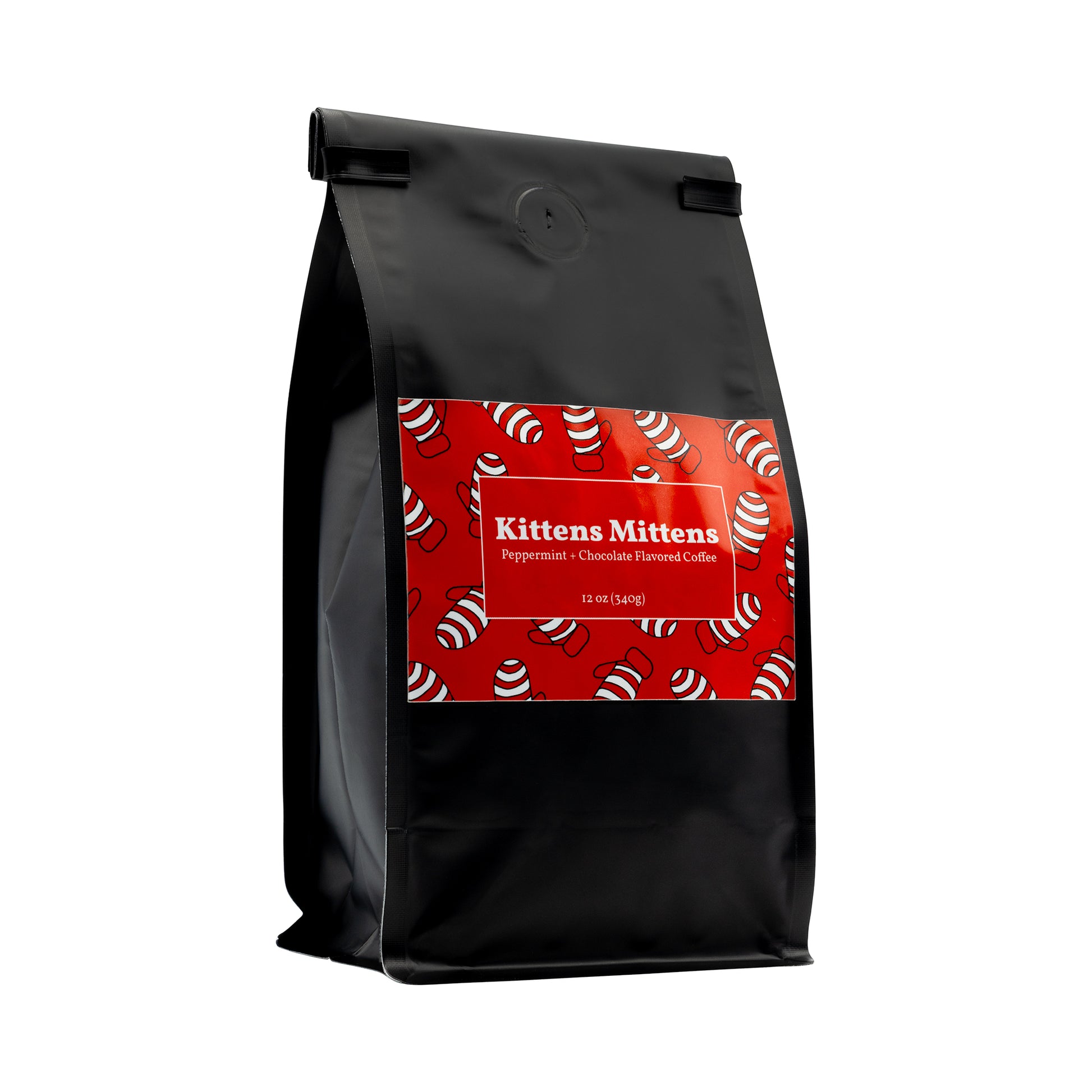 black dodger coffee bag with red and white peppermint kittens mittens logo