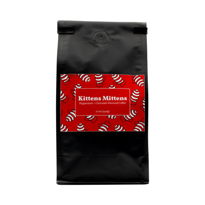 black dodger coffee bag with red and white peppermint kittens mittens logo