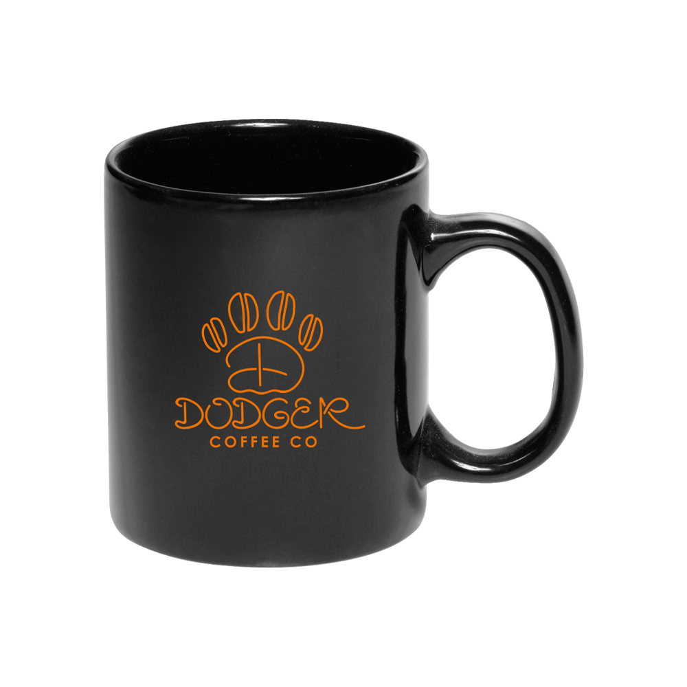 Black and orange coffee mug by dodger coffee co