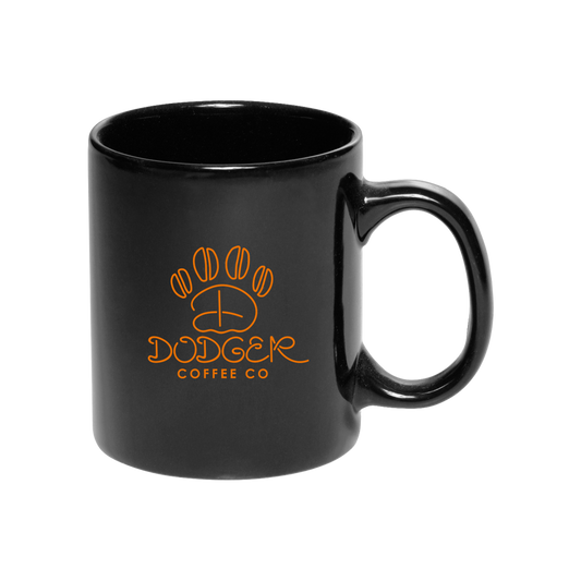 Black and orange coffee mug by dodger coffee co