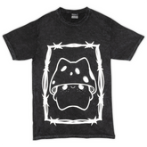 Black t-shirt with white graphic design on a white background