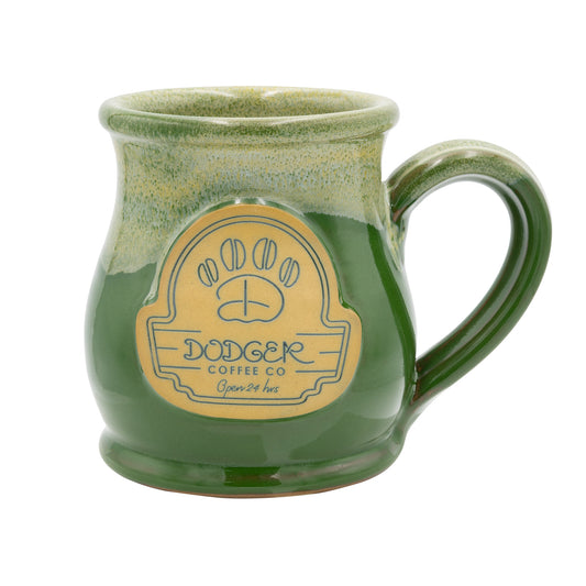 Green and tan dodger diner sign logo mug from the front