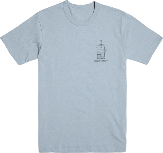 Blue Grey drawn dodger coffee co french press logo short sleeve t-shirt
