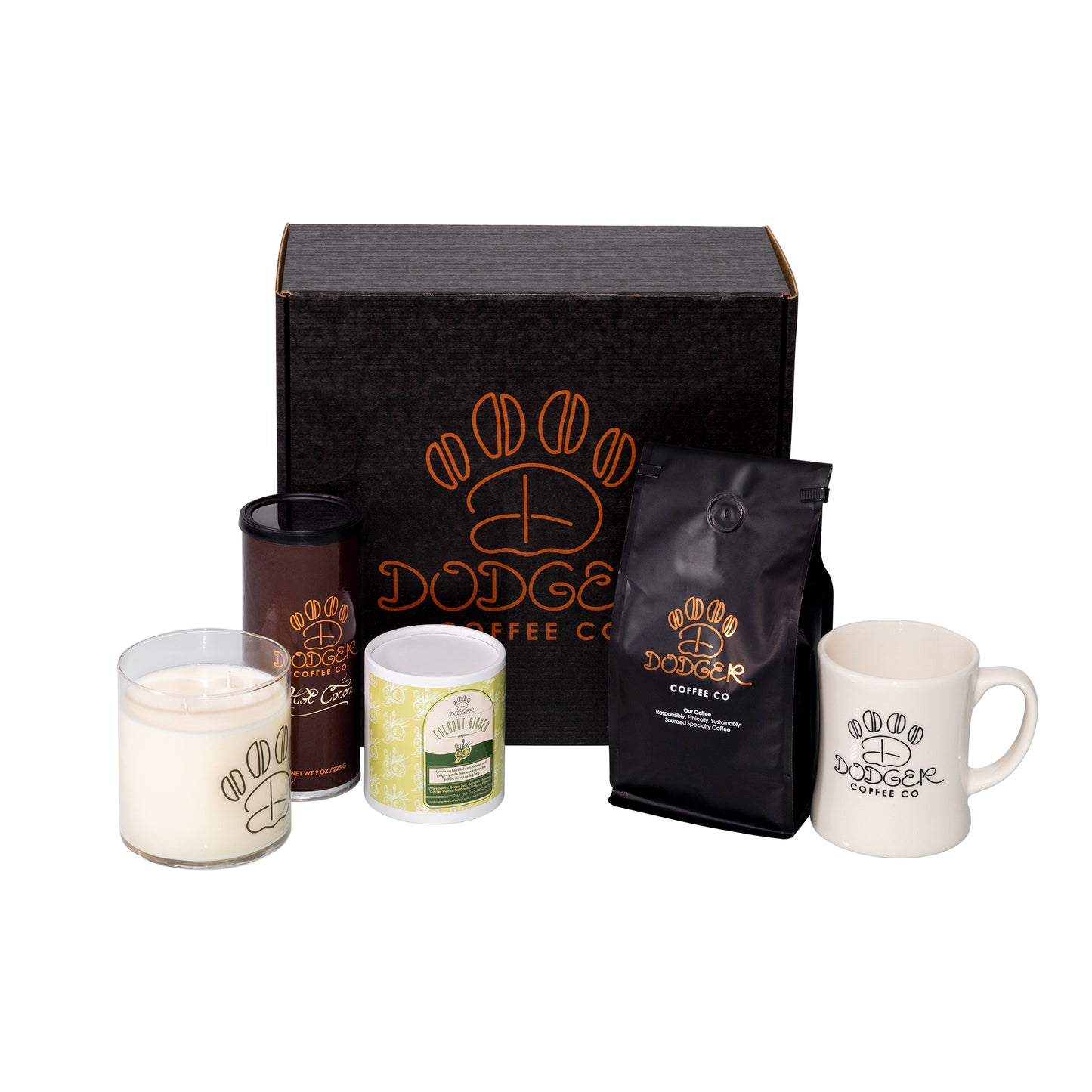 Dodger Bundle Products, including cinnamon candle, hot cocoa, green tea, mug, coffee
