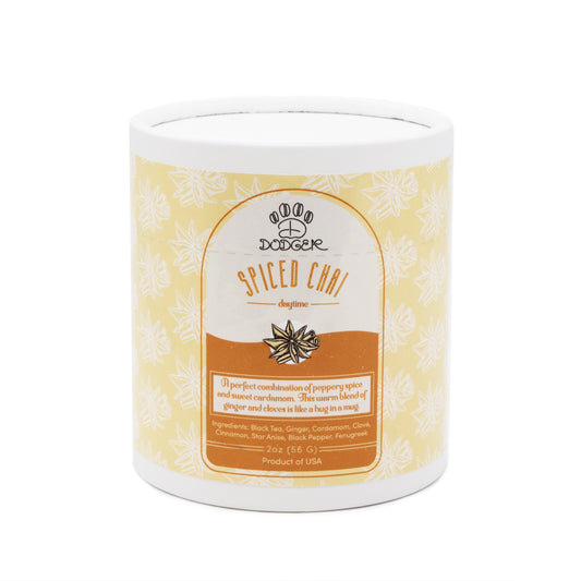 Spiced Chai daytime tea dodger packaging. A perfect combination of peppery spice and sweet cardamom. This warm blend of ginger and cloves is like a hug in a mug.
