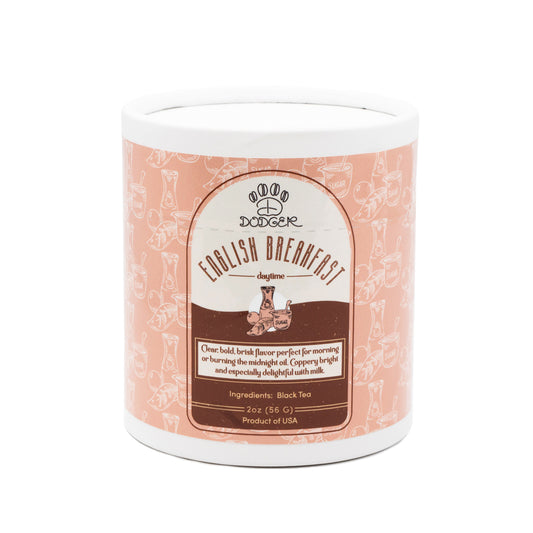 Dodger English Breakfast daytime tea packaging with ingredients. Clear. Bold. Brisk flavor perfect for morning or burning the midnight oil. Coppery bright and especially delightful with milk.